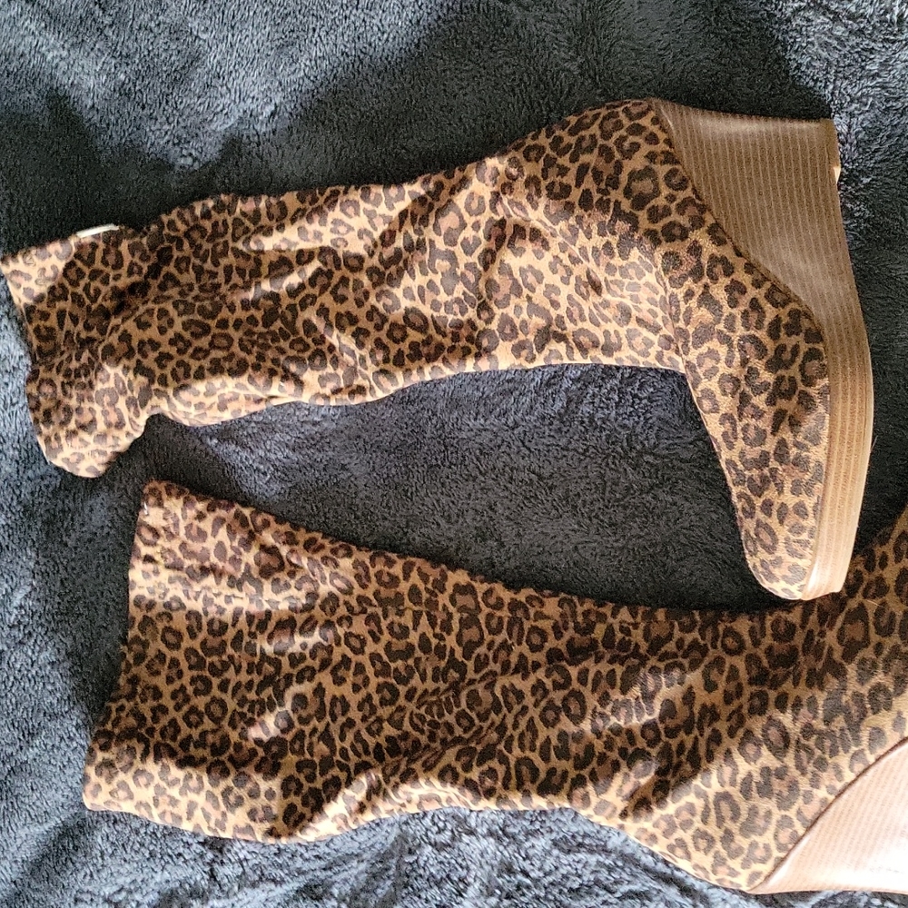 Leopard print knee high wedge boots